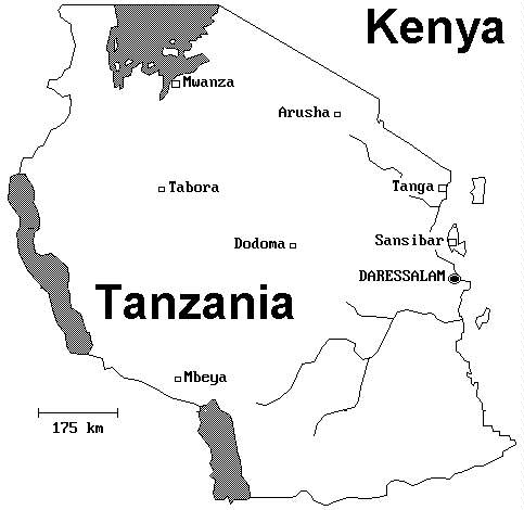 Landkarte von Tansania. Map of Tanzania.
