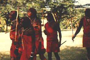 Massai Moran (Krieger) auf dem Weg zu einer Tanzveranstaltung. Massai Moran (warriors) on the way to a dance festival.